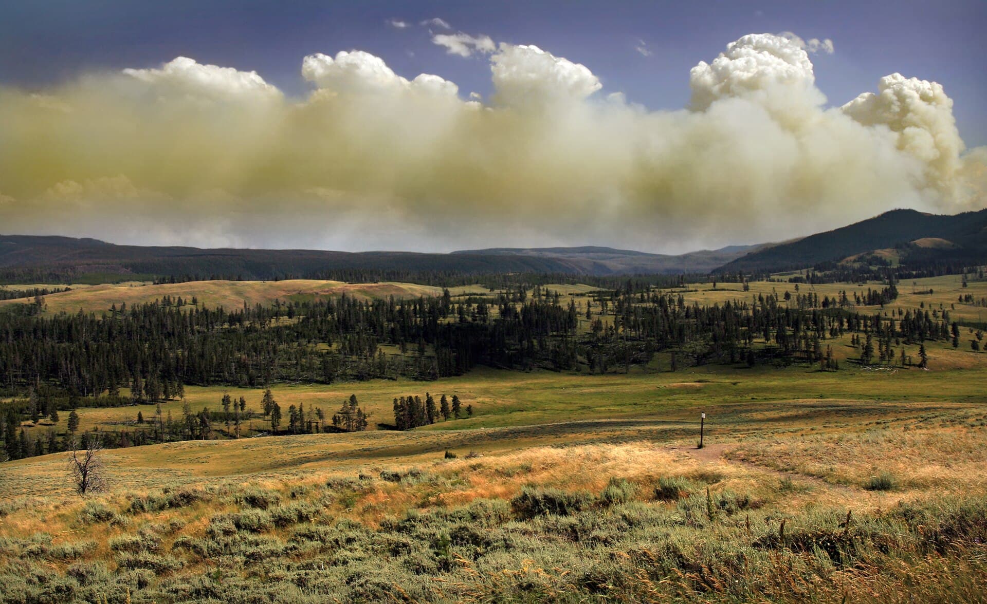 Peisaj rural cu dealuri și o mare coloană de fum, aparent provenită de la un incendiu de vegetație. (Foto de arhivă: Brocken Inaglory / CC BY-SA 3.0, Wikimedia Commons)
