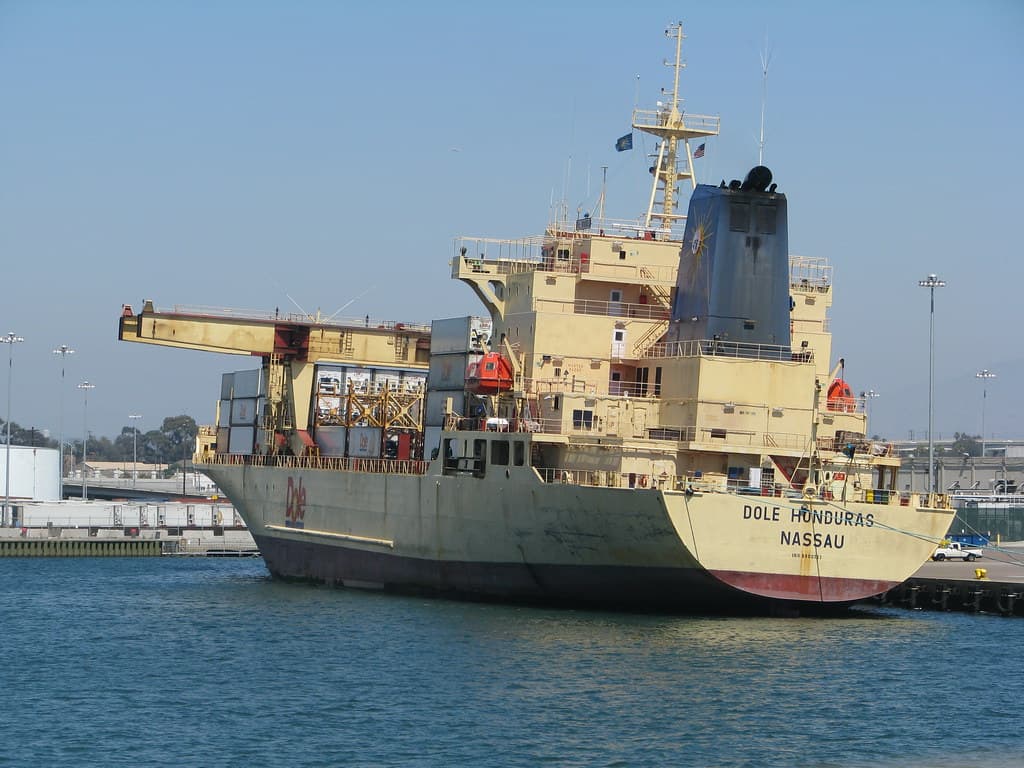 O navă comercială de marfă, „Dole Honduras”, acostată într-un port. (Foto de arhivă: Rennett Stowe / BY 2.0, Openverse)