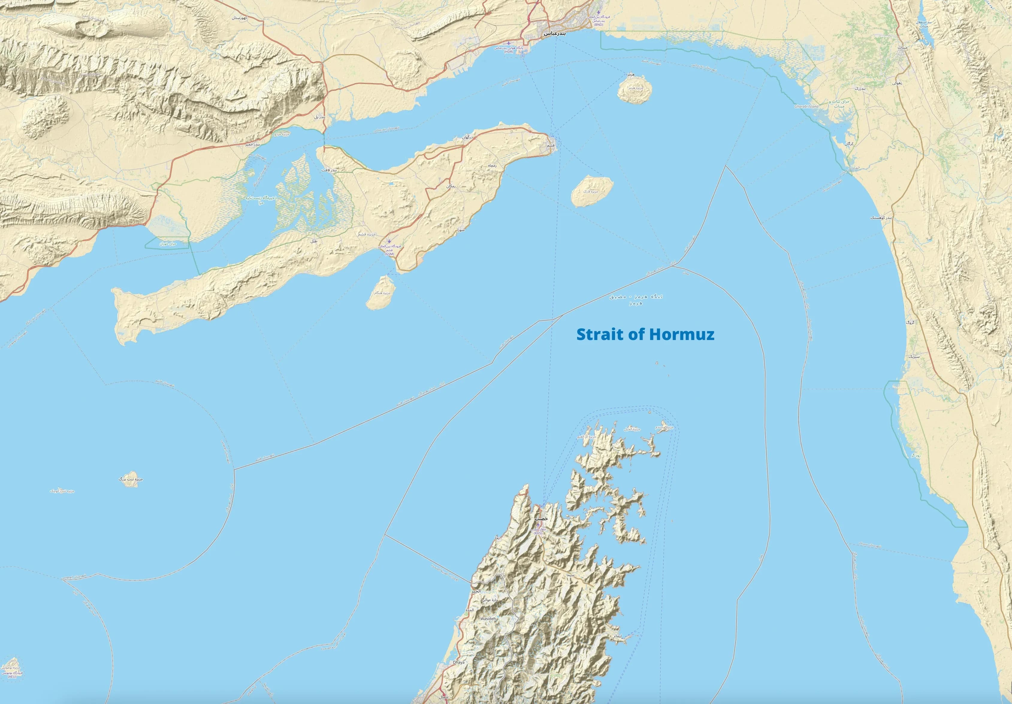 O hartă a Strâmtorii Ormuz, pasaj maritim strategic între Iran și Peninsula Arabică. (Foto: OpenStreetMap / BY 4.0, Openverse)