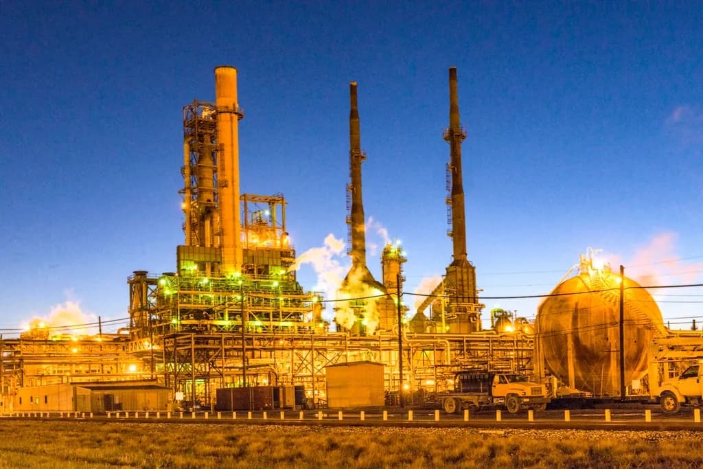O instalație industrială de rafinare și procesare a petrolului, fotografiată noaptea. (Foto ilustrativă: Carol M Highsmith / CC0 1.0, Openverse)