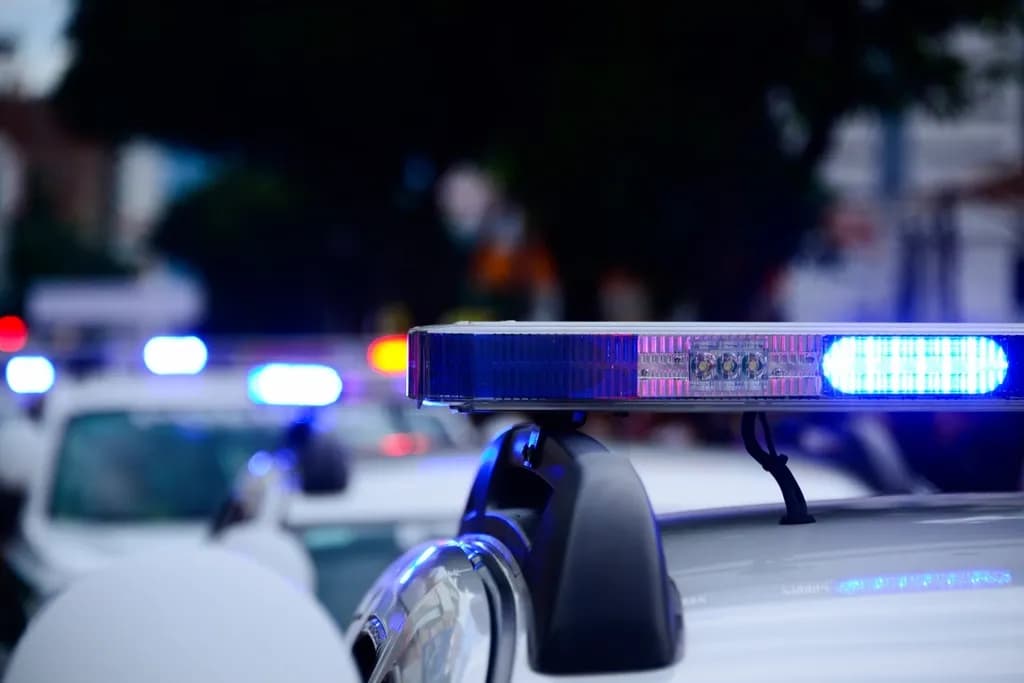 Un girofar albastru-roșu pe o mașină de poliție, cu alte vehicule de intervenție și lumini de urgență în fundal. (Foto ilustrativă: necunoscut / CC0 1.0, Openverse)