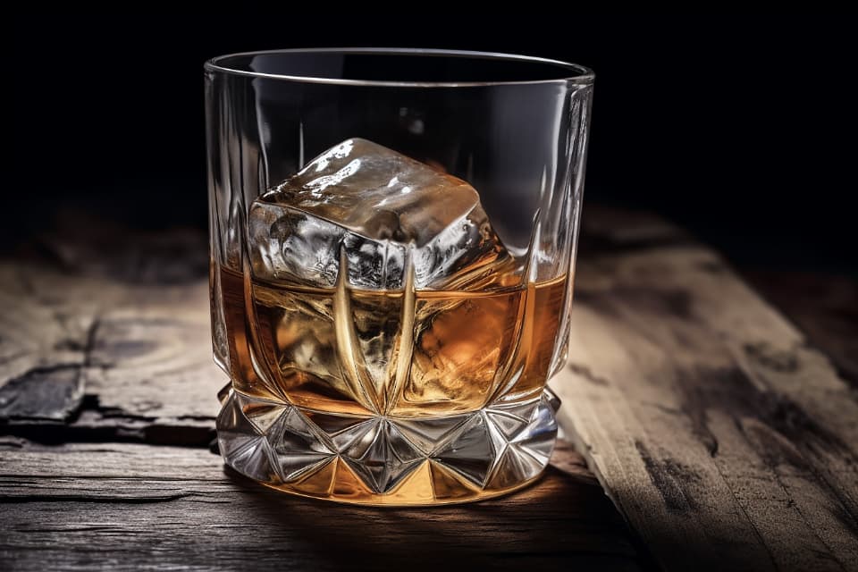 Un pahar cu whiskey auriu și un cub de gheață, așezat pe o masă din lemn. (Foto ilustrativă: Altered Reality / CC0 1.0, Openverse)