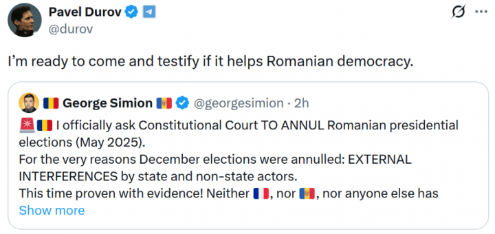 HOTNEWS.RO: Șeful Telegram, Pavel Durov, anunță că este dispus să depună mărturie pentru George Simion după contestarea alegerilor la CCR: „Sunt gata să vin”
