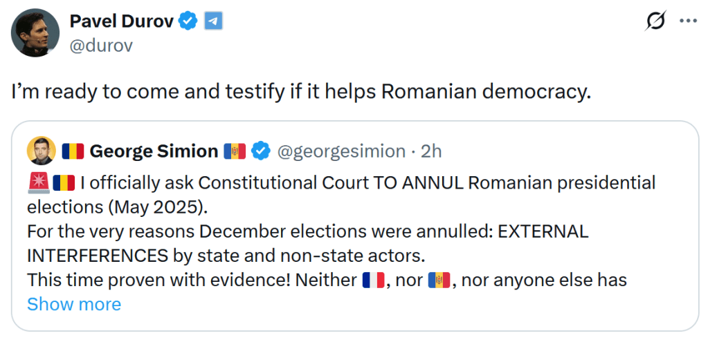 HOTNEWS.RO: Șeful Telegram, Pavel Durov, anunță că este dispus să depună mărturie pentru George Simion după contestarea alegerilor la CCR: „Sunt gata să vin”