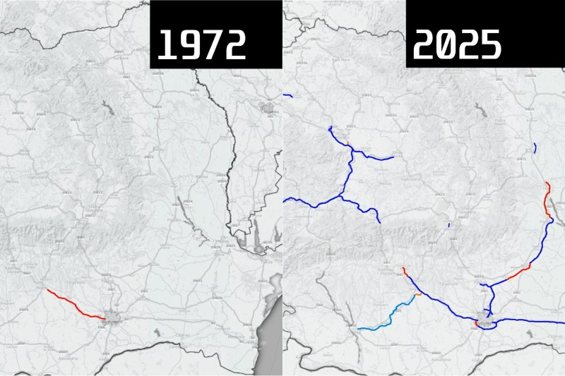 HOTNEWS.RO: ANIMAȚIE Rețeaua de autostrăzi a României. Cum arată pe hartă inaugurările din fiecare an: de la comunism, la accelerarea de după aderarea la UE
