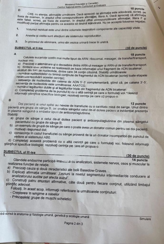 HOTNEWS.RO: Subiecte la Biologie simulare BAC 2026. Ce au avut de rezolvat elevii la Anatomie