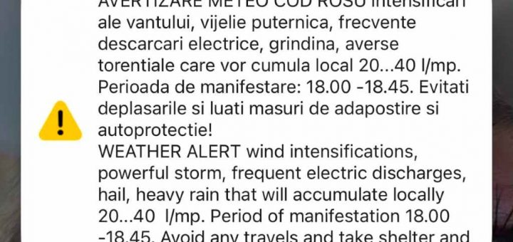 HOTNEWS.RO: Cod roșu de furtună pentru București și alte nouă localități din Ilfov și Ialomița. A fost emis un mesaj RO-Alert. „Evitați deplasările”