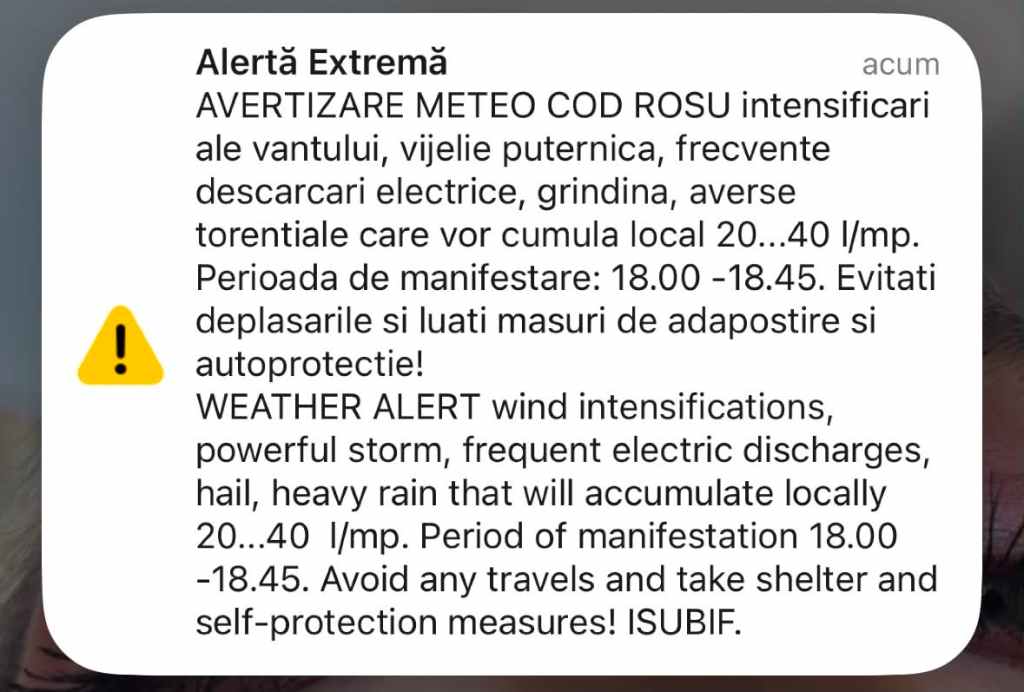 HOTNEWS.RO: Cod roșu de furtună pentru București și alte nouă localități din Ilfov și Ialomița. A fost emis un mesaj RO-Alert. „Evitați deplasările”